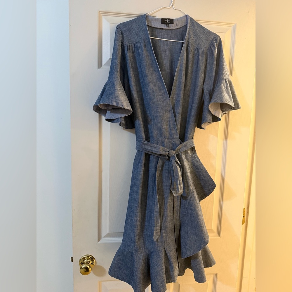 7 For All Mankind Blue Chambray Top with Striped Trim